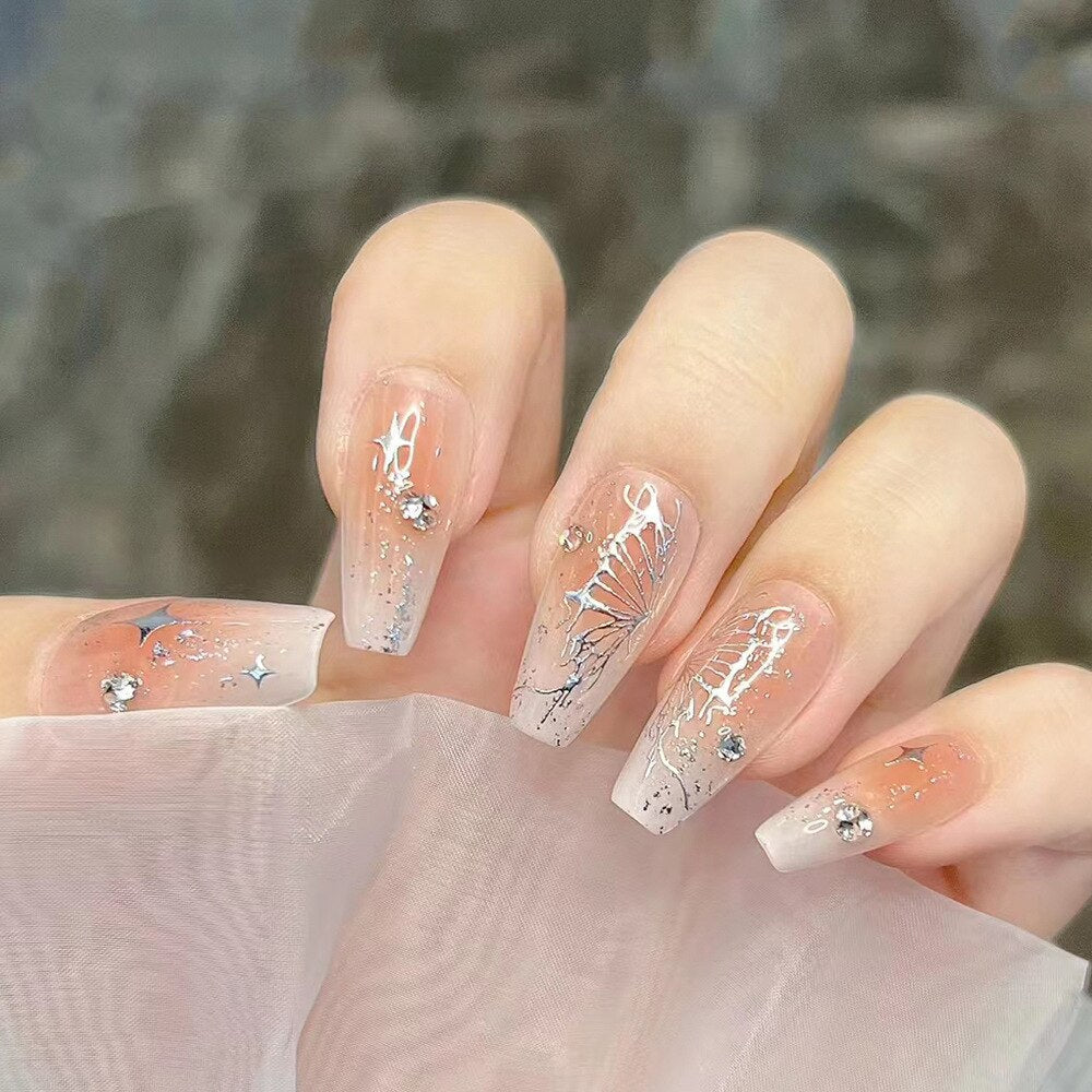 Fake Nails Sets Press on Ballet False Nails with Flower Designs Removable Acrylic Artificial Nails Glitter Nails Art Long Tips 167