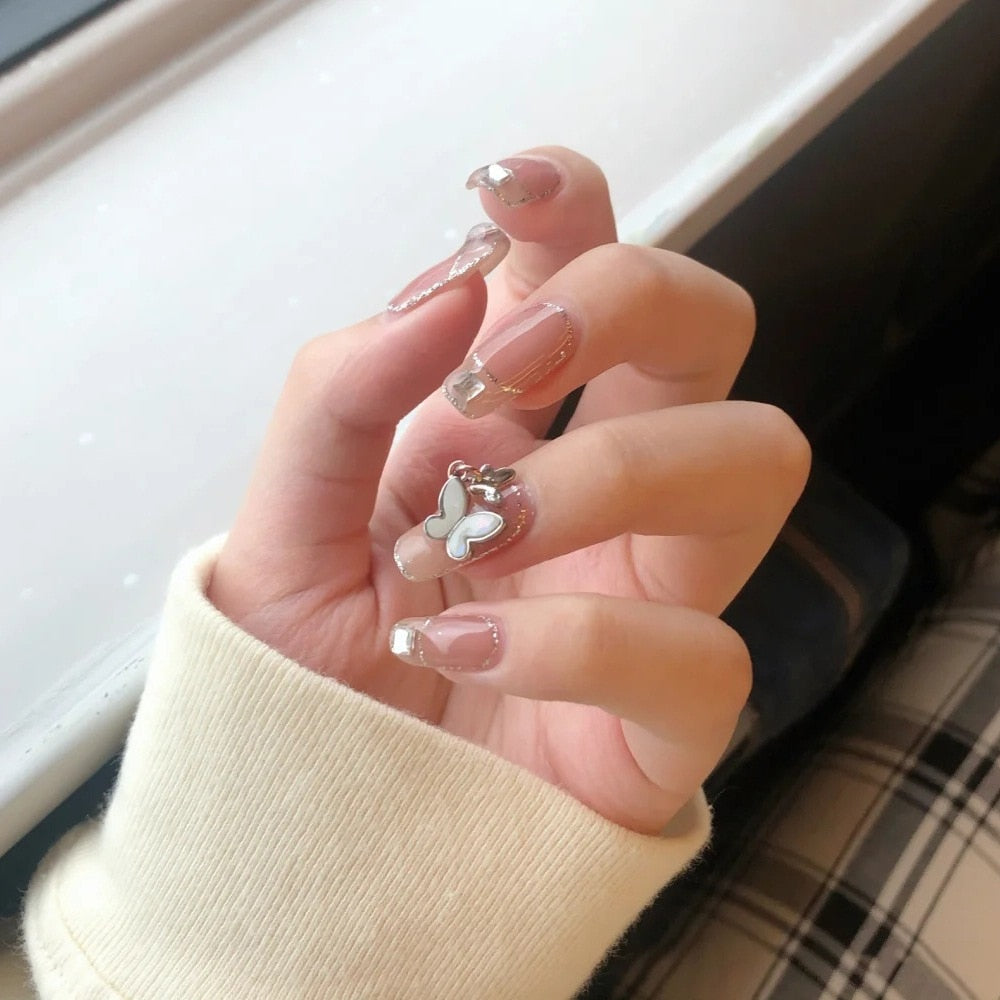 Fake Nails Sets Press on Ballet False Nails with Flower Designs Removable Acrylic Artificial Nails Glitter Nails Art Long Tips 0253