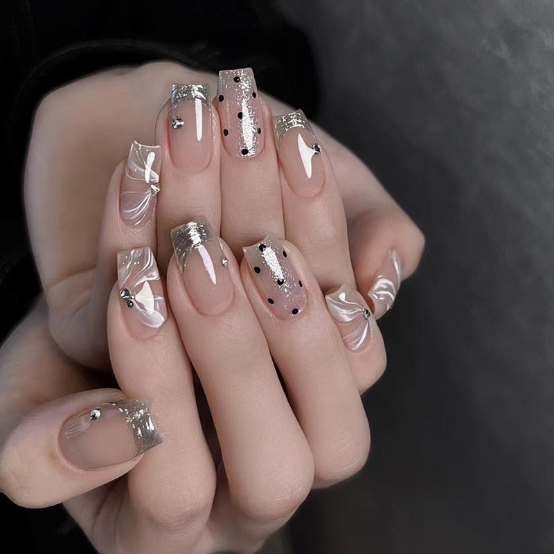 Fake Nails Sets Press on Ballet False Nails with Flower Designs Removable Acrylic Artificial Nails Glitter Nails Art Long Tips 661