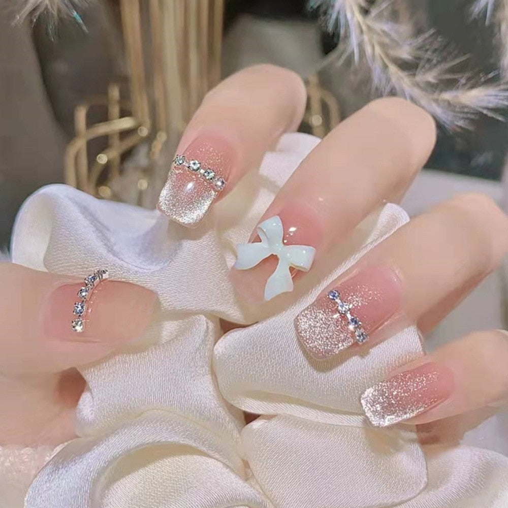 Fake Nails Sets Press on Ballet False Nails with Flower Designs Removable Acrylic Artificial Nails Glitter Nails Art Long Tips 003