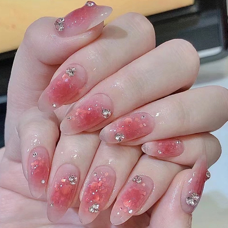 Fake Nails Sets Press on Ballet False Nails with Flower Designs Removable Acrylic Artificial Nails Glitter Nails Art Long Tips 341