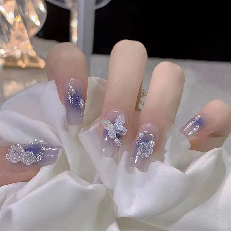 Fake Nails Sets Press on Ballet False Nails with Flower Designs Removable Acrylic Artificial Nails Glitter Nails Art Long Tips 483