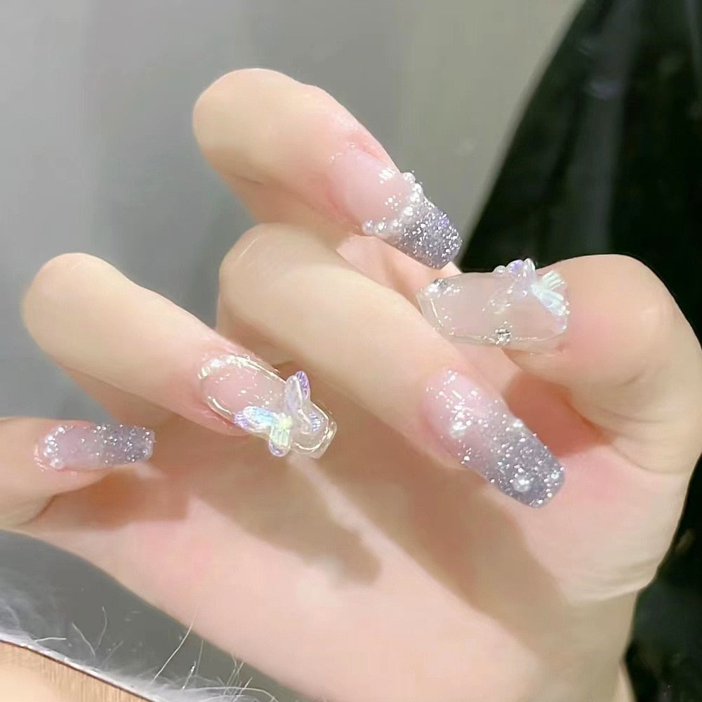 Fake Nails Sets Press on Ballet False Nails with Flower Designs Removable Acrylic Artificial Nails Glitter Nails Art Long Tips 044