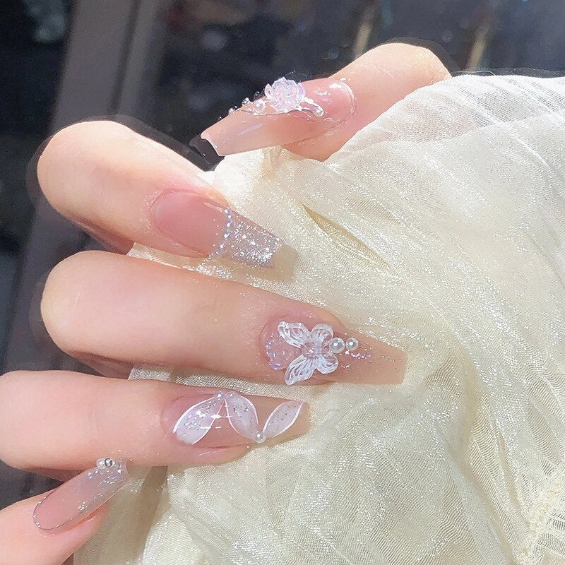 Fake Nails Sets Press on Ballet False Nails with Flower Designs Removable Acrylic Artificial Nails Glitter Nails Art Long Tips 449