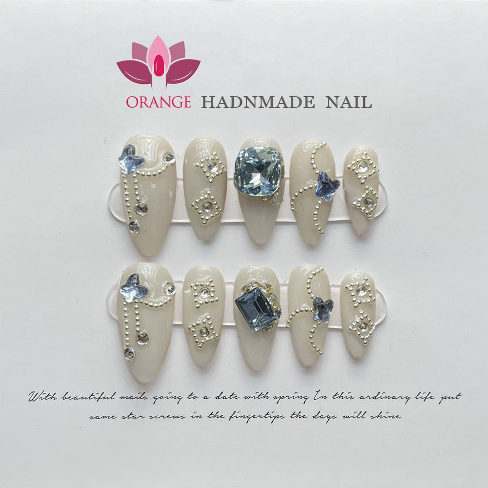 Fake Nails With Rhinestones Almond Full Cover With Designed Handmade Wearable Press on Nails With 3d Diamond Y2k