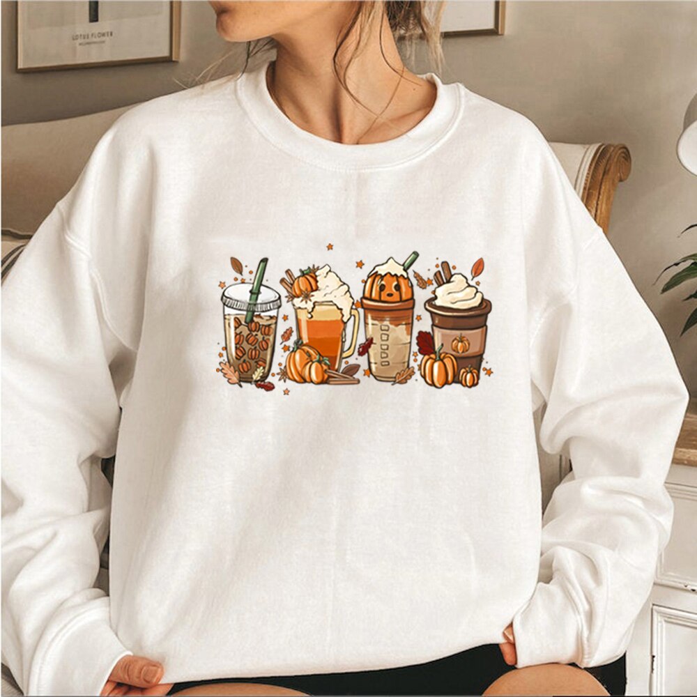 Fall Coffee Sweatshirt Cute Fall Hoodie Thanksgiving Sweatshirt Halloween Hoodies Women Clothes Coffee Lover Pullovers Tops White