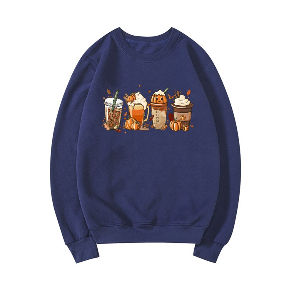 Fall Coffee Sweatshirt Cute Fall Hoodie Thanksgiving Sweatshirt Halloween Hoodies Women Clothes Coffee Lover Pullovers Tops Navy Blue