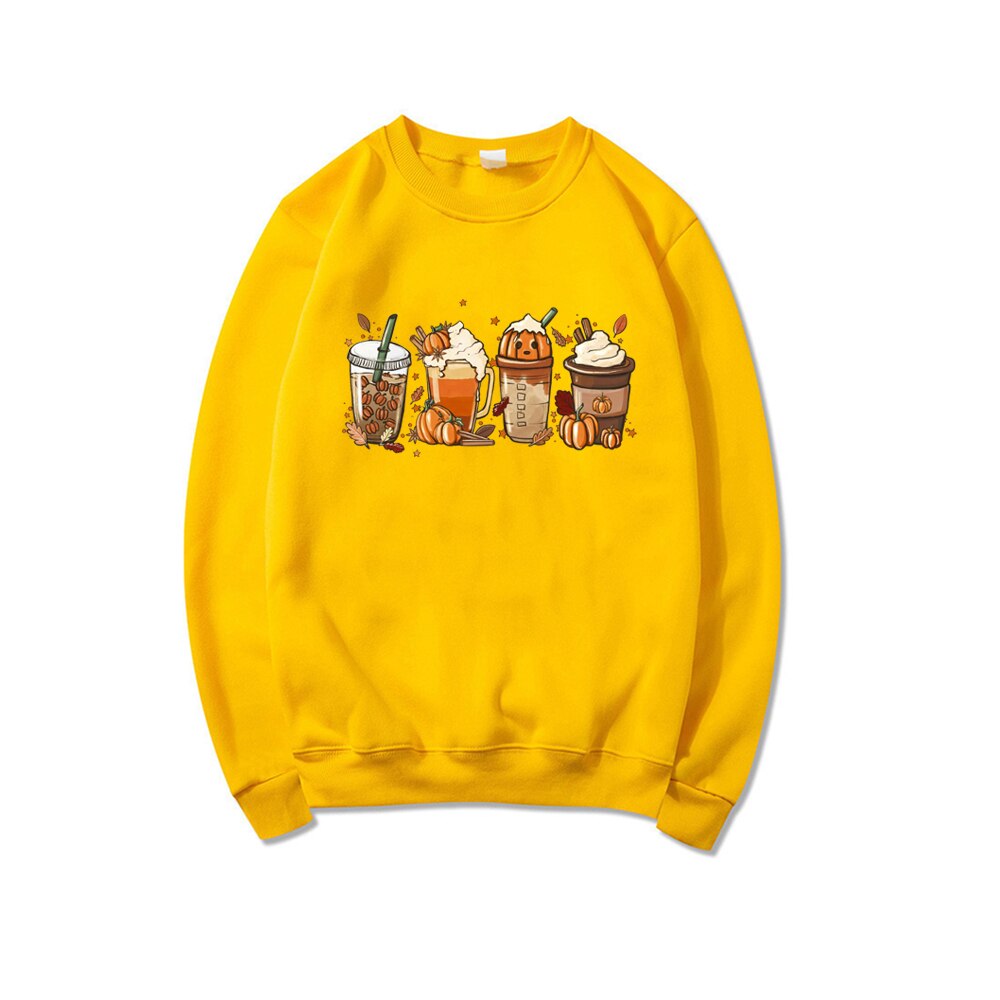 Fall Coffee Sweatshirt Cute Fall Hoodie Thanksgiving Sweatshirt Halloween Hoodies Women Clothes Coffee Lover Pullovers Tops Yellow