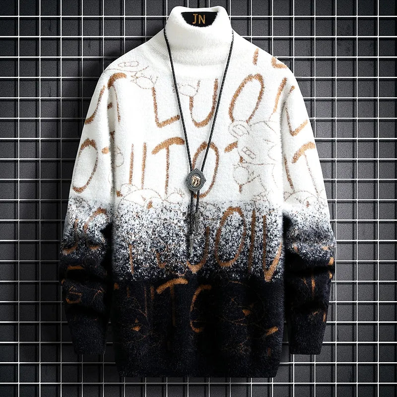 Fall Luxury Cashmere Turtleneck Mens Sweaters Thick Warm Personality Letter Sweater Men Harajuku Male Pullovers black