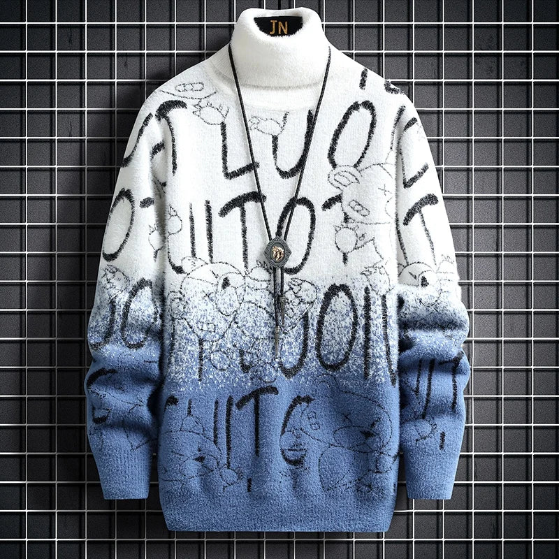 Fall Luxury Cashmere Turtleneck Mens Sweaters Thick Warm Personality Letter Sweater Men Harajuku Male Pullovers Blue