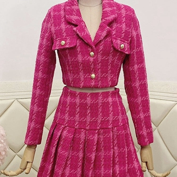 Fall Small Fragrance Vintage Tweed Two Piece Set Women Crop Top Woolen Short Jacket Coat + Mini Skirts Sets Sweet 2 Piece Suits