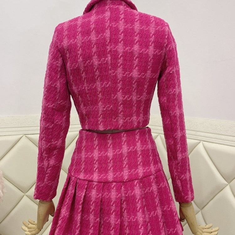 Fall Small Fragrance Vintage Tweed Two Piece Set Women Crop Top Woolen Short Jacket Coat + Mini Skirts Sets Sweet 2 Piece Suits