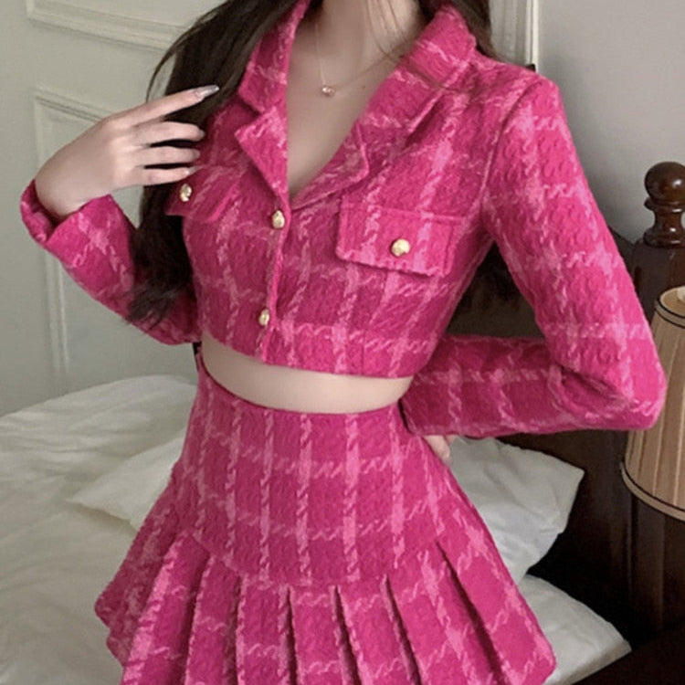 Fall Small Fragrance Vintage Tweed Two Piece Set Women Crop Top Woolen Short Jacket Coat + Mini Skirts Sets Sweet 2 Piece Suits