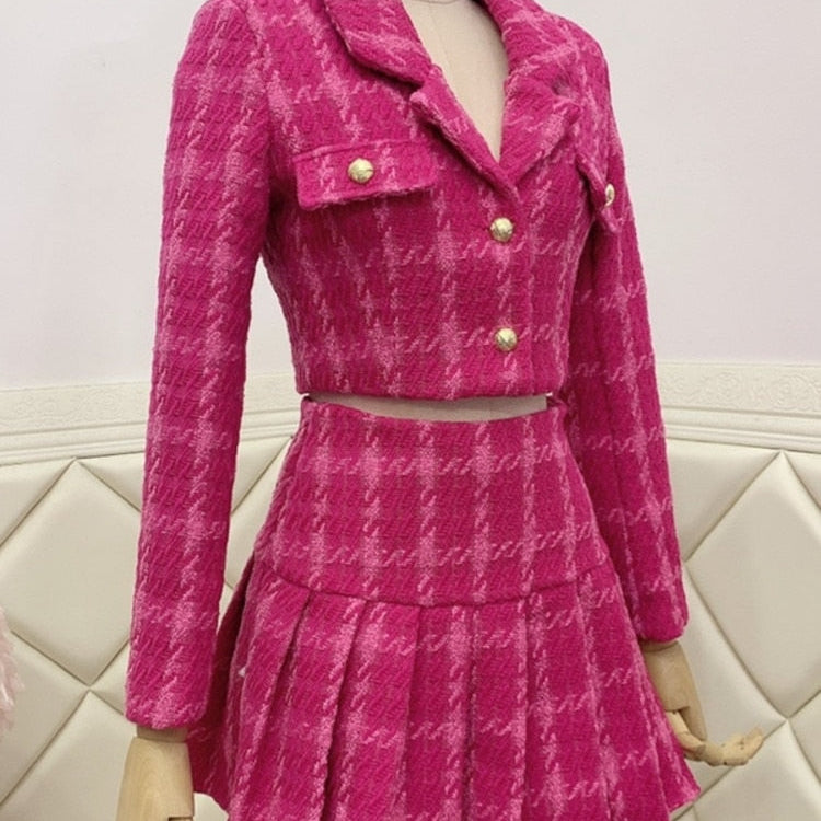 Fall Small Fragrance Vintage Tweed Two Piece Set Women Crop Top Woolen Short Jacket Coat + Mini Skirts Sets Sweet 2 Piece Suits