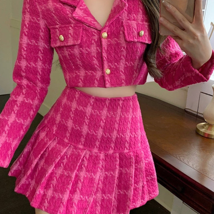 Fall Small Fragrance Vintage Tweed Two Piece Set Women Crop Top Woolen Short Jacket Coat + Mini Skirts Sets Sweet 2 Piece Suits Rose Pink