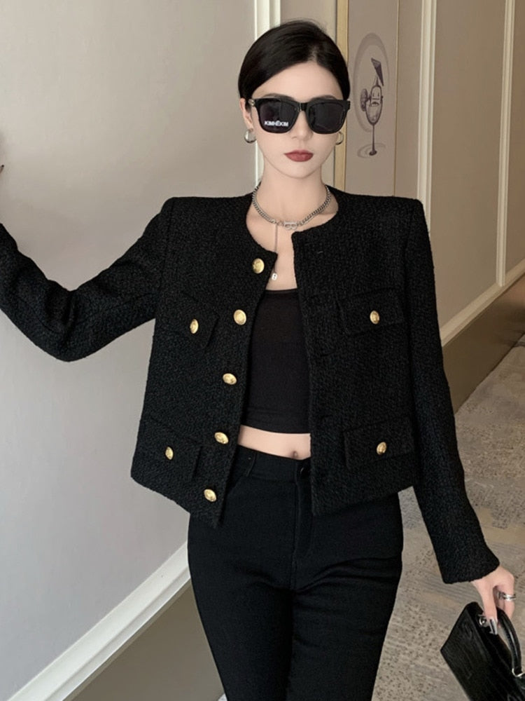 Fall Winter French Vintage Small Fragrant Tweed Jacket Coat Women Elegant Casual Woolen Short Coats Streetwear Outwear Crop Top