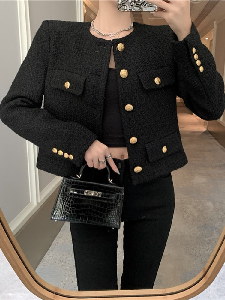 Fall Winter French Vintage Small Fragrant Tweed Jacket Coat Women Elegant Casual Woolen Short Coats Streetwear Outwear Crop Top