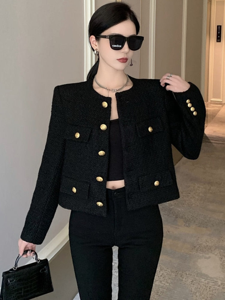 Fall Winter French Vintage Small Fragrant Tweed Jacket Coat Women Elegant Casual Woolen Short Coats Streetwear Outwear Crop Top Black