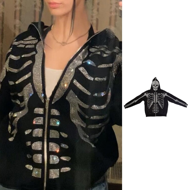 Fall Winter Full Zip Hoodie Sweatshirt for Women Halloween Skeleton Print Hoodie