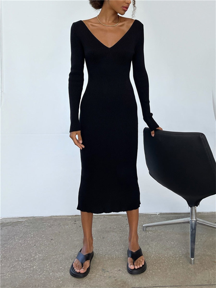 Fall Winter Knit Rib Wrap Midi Pencil Dress for Women Casual Simple Style Long Sleeve V-Neck Backless Bodycon Dress