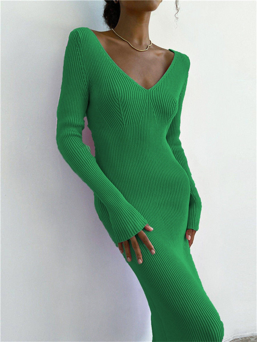Fall Winter Knit Rib Wrap Midi Pencil Dress for Women Casual Simple Style Long Sleeve V-Neck Backless Bodycon Dress Green