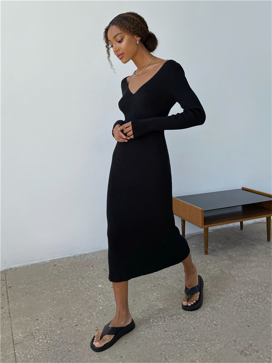 Fall Winter Knit Rib Wrap Midi Pencil Dress for Women Casual Simple Style Long Sleeve V-Neck Backless Bodycon Dress Black