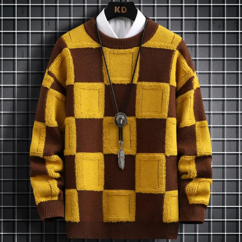 Fall Winter Korean Style Mens Pullovers Sweaters Thick Warm Cashmere Sweater Men Luxury Plaid Pull Homme Coffee