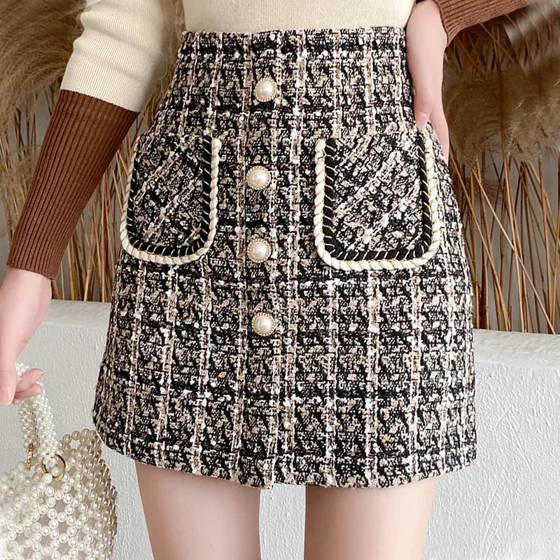Fall Winter Plaid Tweed Skirt Womens Thick Woolen Pearl Button Front Pocket Glitter Mini Skirt Saia Feminina Khaki