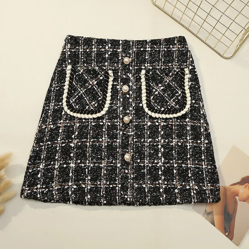 Fall Winter Plaid Tweed Skirt Womens Thick Woolen Pearl Button Front Pocket Glitter Mini Skirt Saia Feminina black