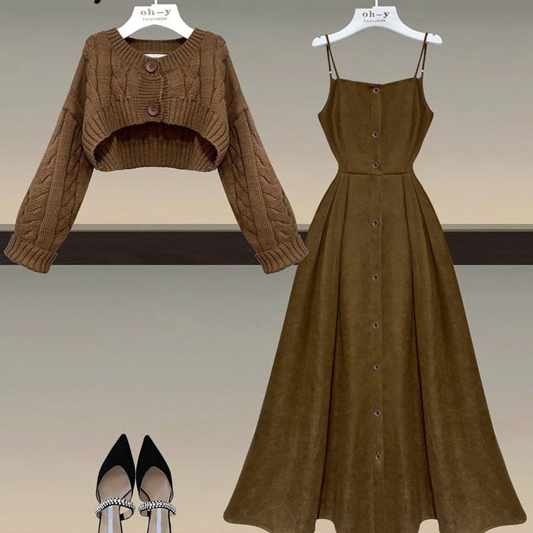 Fall Winter Two Piece Sets Women Outfits Korean Casual Long Sleeve Twist Knitted Short Sweater And Straped High Waist Dress Sets