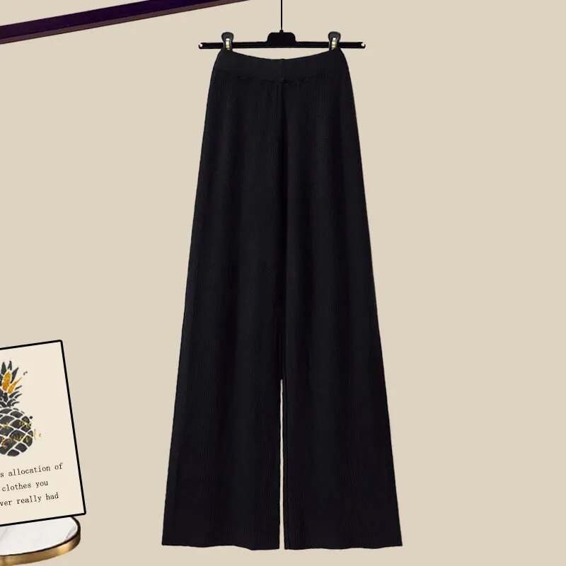 Fall Winter Warm Knit Three Piece Sets Womens Ourfits Office Ladies Elegant V-Neck Sweater+basic Top+Wide Leg Knitted Pants Sets