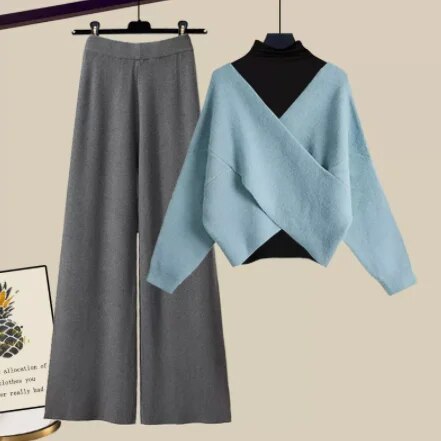 Fall Winter Warm Knit Three Piece Sets Womens Ourfits Office Ladies Elegant V-Neck Sweater+basic Top+Wide Leg Knitted Pants Sets Set 4