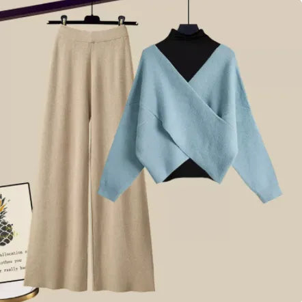 Fall Winter Warm Knit Three Piece Sets Womens Ourfits Office Ladies Elegant V-Neck Sweater+basic Top+Wide Leg Knitted Pants Sets Set 9