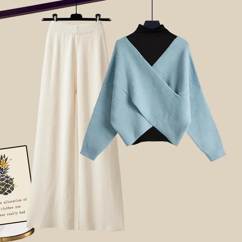 Fall Winter Warm Knit Three Piece Sets Womens Ourfits Office Ladies Elegant V-Neck Sweater+basic Top+Wide Leg Knitted Pants Sets Set 2