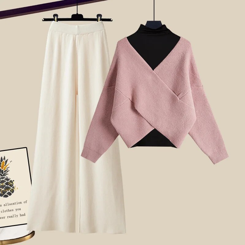 Fall Winter Warm Knit Three Piece Sets Womens Ourfits Office Ladies Elegant V-Neck Sweater+basic Top+Wide Leg Knitted Pants Sets Set 3