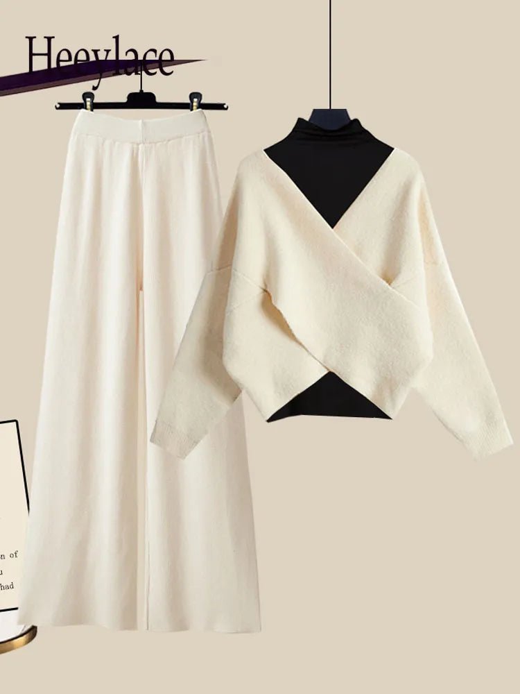 Fall Winter Warm Knit Three Piece Sets Womens Ourfits Office Ladies Elegant V-Neck Sweater+basic Top+Wide Leg Knitted Pants Sets