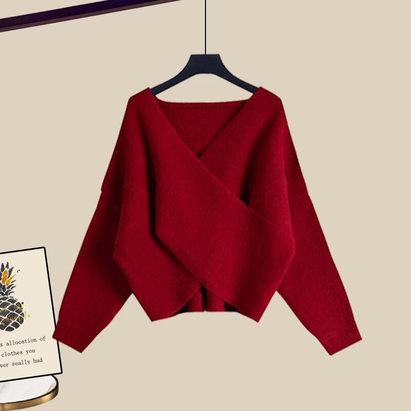 Fall Winter Warm Knit Three Piece Sets Womens Ourfits Office Ladies Elegant V-Neck Sweater+basic Top+Wide Leg Knitted Pants Sets sweater 2