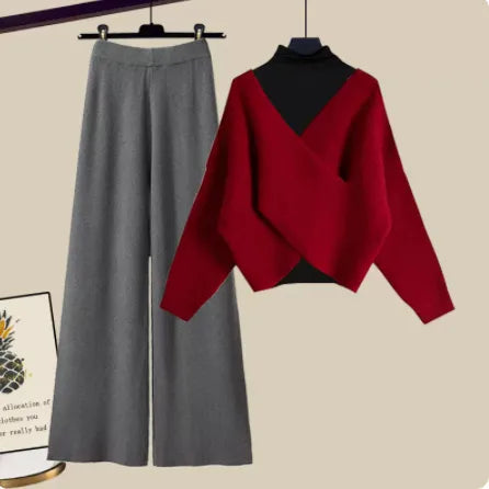 Fall Winter Warm Knit Three Piece Sets Womens Ourfits Office Ladies Elegant V-Neck Sweater+basic Top+Wide Leg Knitted Pants Sets Set 10