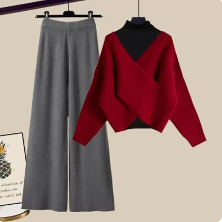 Fall Winter Warm Knit Three Piece Sets Womens Ourfits Office Ladies Elegant V-Neck Sweater+basic Top+Wide Leg Knitted Pants Sets Set 10