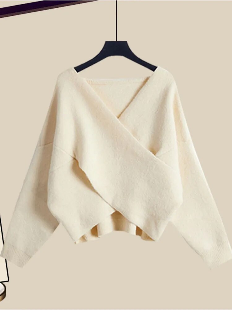 Fall Winter Warm Knit Three Piece Sets Womens Ourfits Office Ladies Elegant V-Neck Sweater+basic Top+Wide Leg Knitted Pants Sets