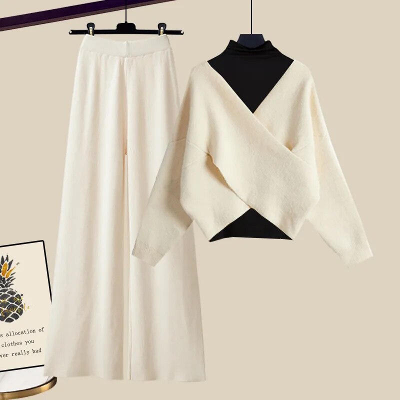 Fall Winter Warm Knit Three Piece Sets Womens Ourfits Office Ladies Elegant V-Neck Sweater+basic Top+Wide Leg Knitted Pants Sets Set