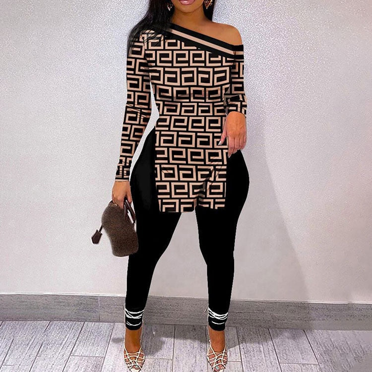 Fall Women Two Piece Sets Outfits Casual Print Side Slit Top And Skinny Pants Tracksuits Fashion Streetwear 2pcs Suits New black 6