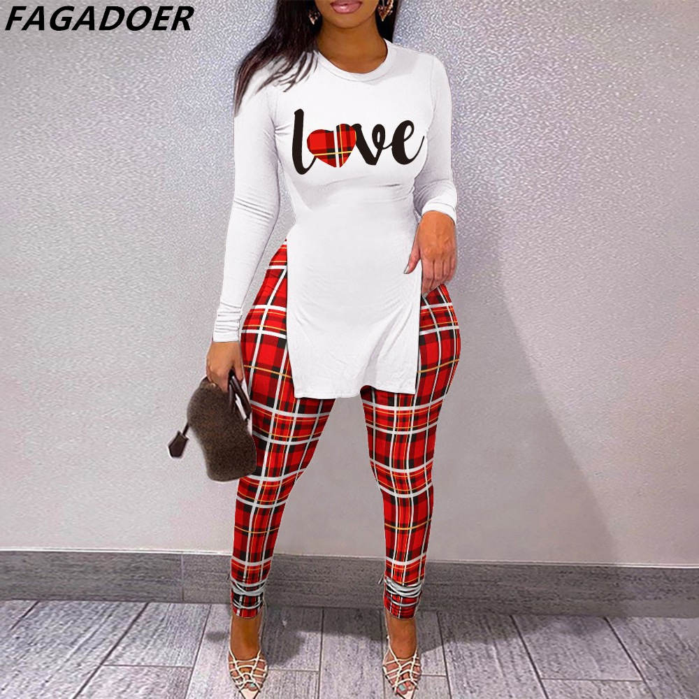 Fall Women Two Piece Sets Outfits Casual Print Side Slit Top And Skinny Pants Tracksuits Fashion Streetwear 2pcs Suits