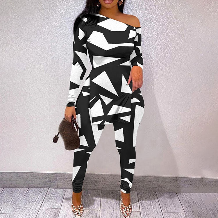 Fall Women Two Piece Sets Outfits Casual Print Side Slit Top And Skinny Pants Tracksuits Fashion Streetwear 2pcs Suits New black 07