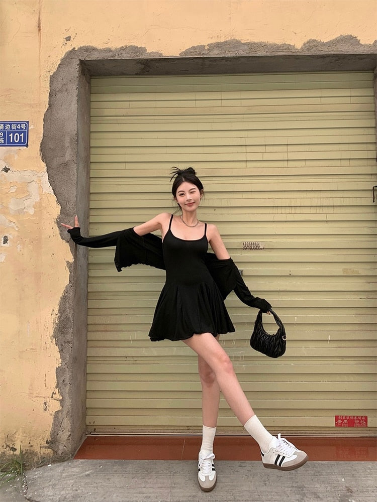 Fall Women Vacation Outfits 2 Piece Dress Set Solid Color Long Sleeve Cardigan Top + 2000s Aesthetic Mini Gyaru Pleated Dresses Black One Size