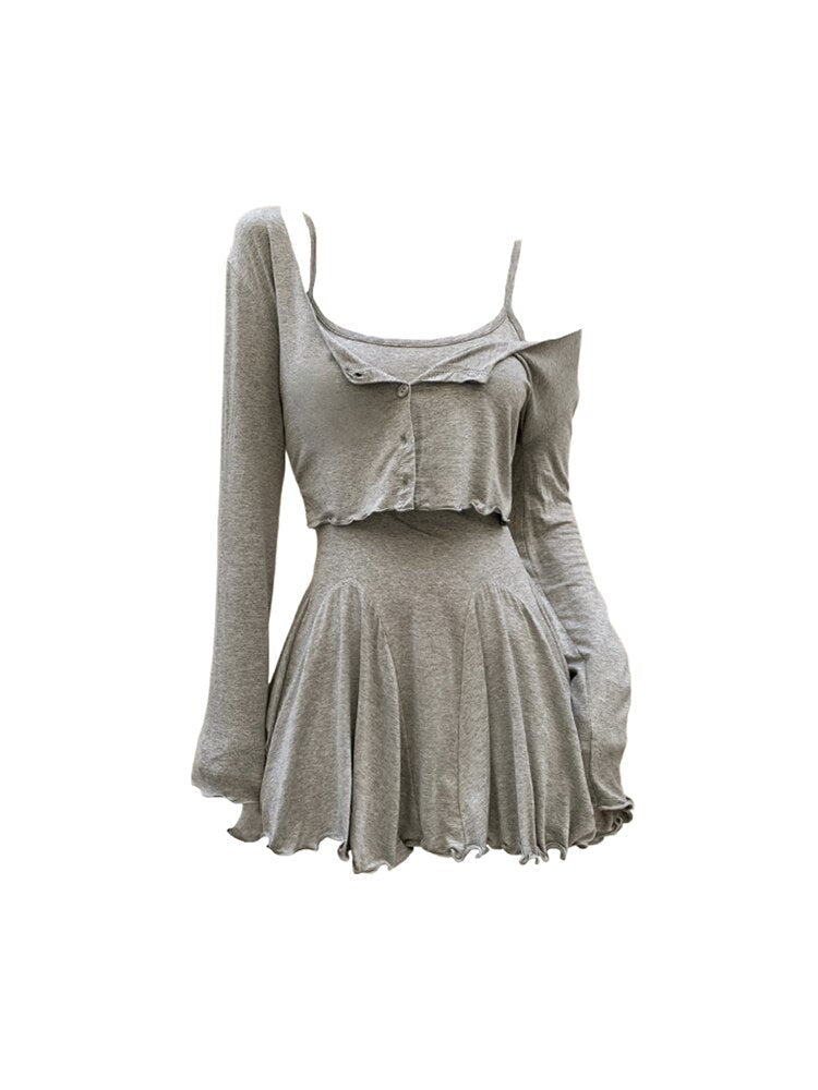 Fall Women Vacation Outfits 2 Piece Dress Set Solid Color Long Sleeve Cardigan Top + 2000s Aesthetic Mini Gyaru Pleated Dresses Grey One Size