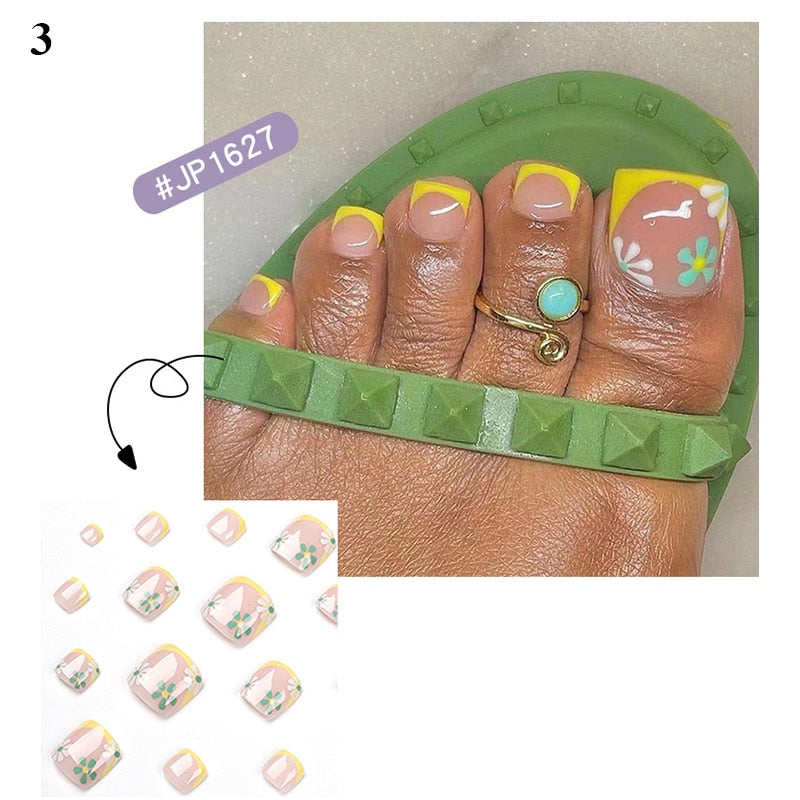 False Toenail 24Pcs/Box Toe Nail 3D Glitter Decor Press On Fake Nails With Glue Detachable Square Short Full Cover DIY Nail Tips 3