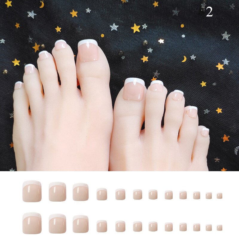 False Toenail 24Pcs/Box Toe Nail 3D Glitter Decor Press On Fake Nails With Glue Detachable Square Short Full Cover DIY Nail Tips C-2