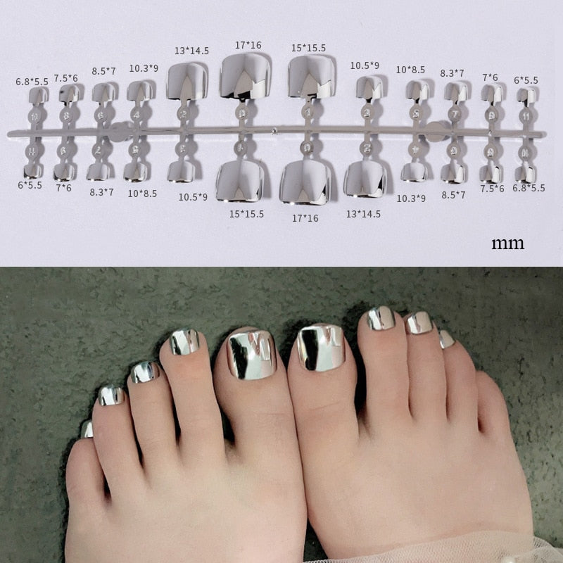 False Toenail 24Pcs/Box Toe Nail 3D Glitter Decor Press On Fake Nails With Glue Detachable Square Short Full Cover DIY Nail Tips A-1