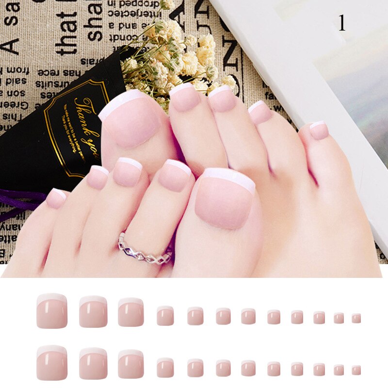 False Toenail 24Pcs/Box Toe Nail 3D Glitter Decor Press On Fake Nails With Glue Detachable Square Short Full Cover DIY Nail Tips C-1